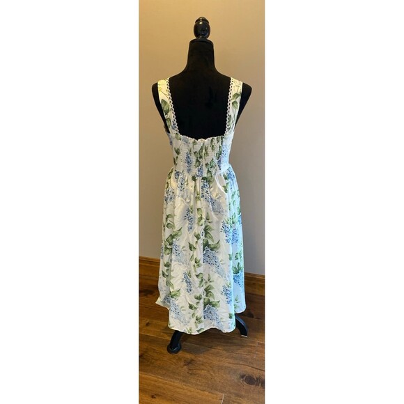 Floral Midi Dress Sz Large Blue White Cottagecore Sundress Lace Trim Smocked - Picture 5 of 11